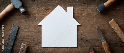 Paper house cutout on wooden table with repair tools suggesting home renovation and planning