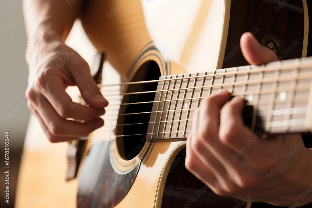 Obraz premium Man playing acoustic guitar close up view