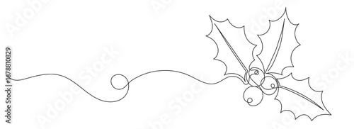 Christmas holly. Christmas decoration. Continuous editable line drawing