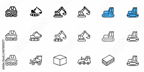 Diverse construction vehicles and equipment icons for industry and building projects