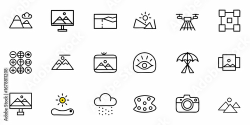 Diverse icon collection showcasing photography, nature, weather, and technology concepts with modern line art style