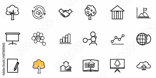 Diverse business and finance icons symbolizing growth, success, and global strategy