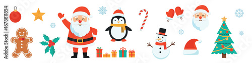 Set of New Year decorative elements. Snowman, gifts, toys, Christmas tree, penguin, gingerbread on a white background