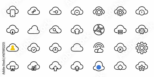 Modern cloud icons symbolizing data, connectivity, settings, and user management for digital innovation and tech concepts