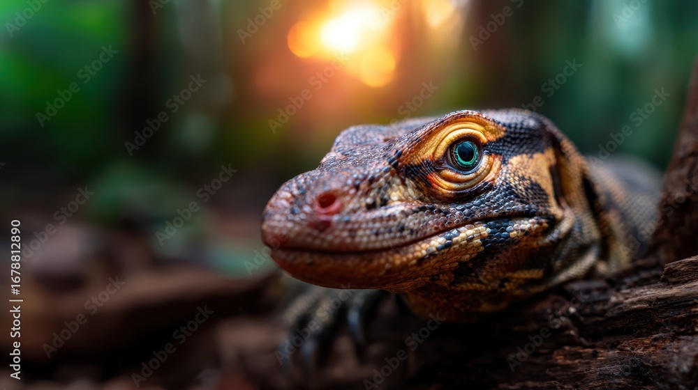 Fototapeta premium A close-up portrait of a vibrant lizard resting on a branch, showcasing its intricate scales and vivid colors against a soft-focus greenery background.