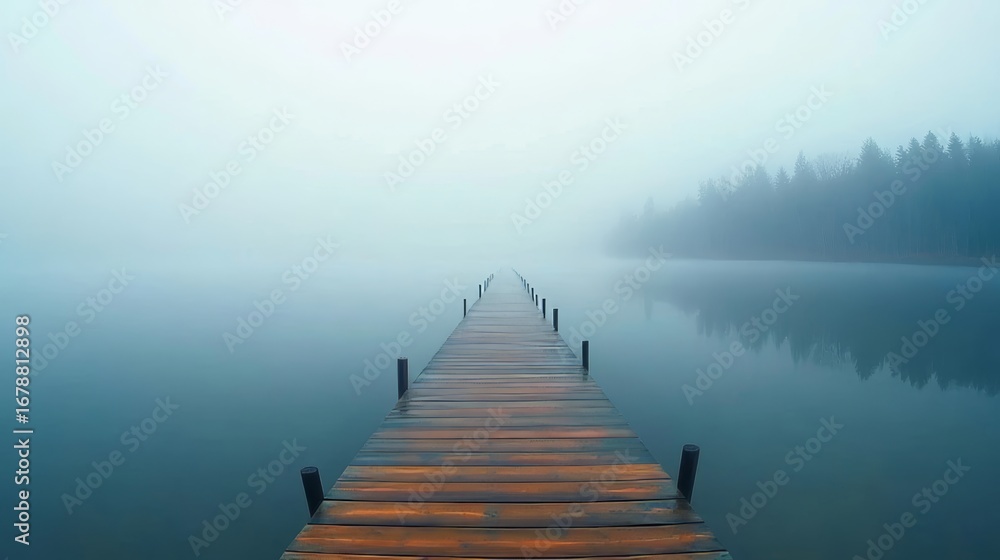 Fototapeta premium Serene Lakeside with Long Wooden Pier Surrounded by Fog, Evoking Tranquility and Peacefulness