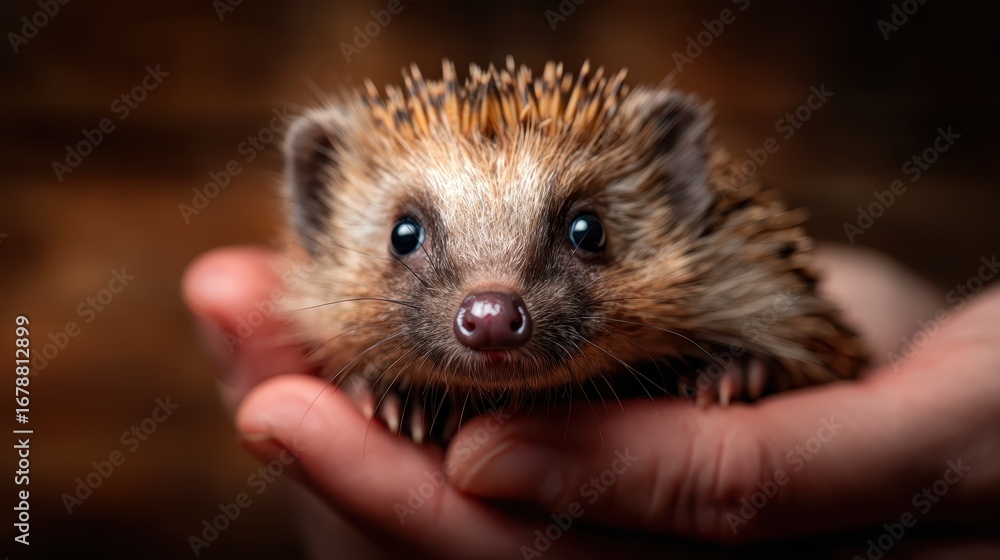 Fototapeta premium A close-up portrait of an adorable hedgehog being held gently in a person's hands, emphasizing a connection between humans and the charming little creature.