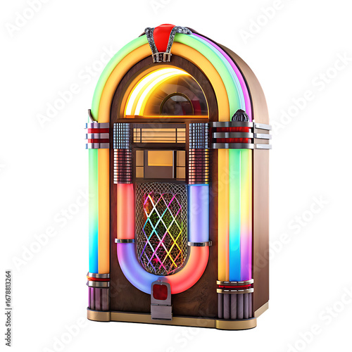 Vintage jukebox with colorful neon lights on background retro music isolated on a transparent background