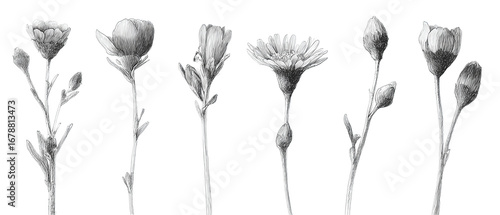 Vertical botanical sketches of wildflower stems in equal spacing, subtle hand-drawn detail, isolated on transparent background.

