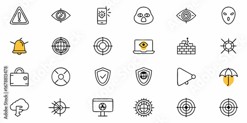 Modern cybersecurity icons featuring protection, alerts, and digital security elements for business and technology concepts.
