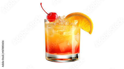Refreshing tequila sunrise cocktail with cherry and orange slice for a vibrant summer drink ad isolated on white background