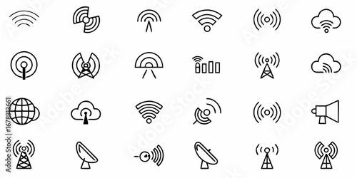 Modern communication icons for network, signal, and broadcast systems, conveying connectivity and data transfer
