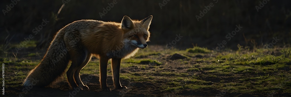 Fototapeta premium Fox Standing in Dim Forest Scene with Soft Natural Lighting and Mysterious Atmosphere