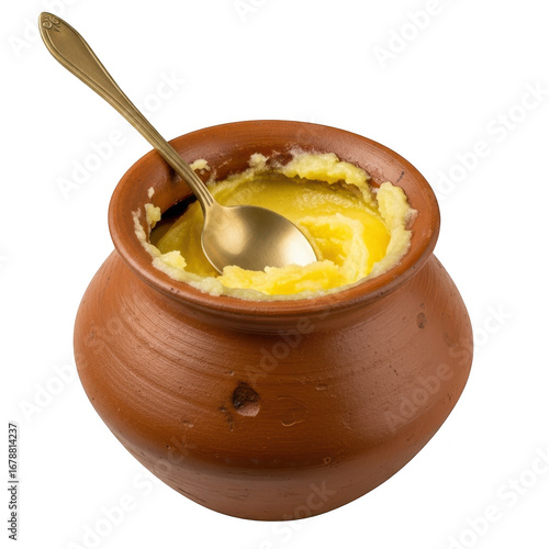 Clay pot of ghee with spoon isolated on transparent background