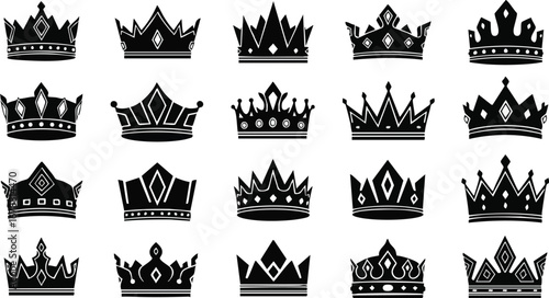 Elegant collection of diverse black crown icons symbolizing power, royalty, and achievement