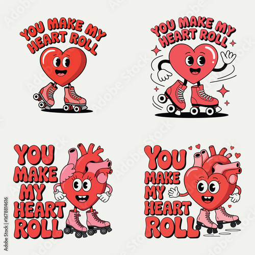 Cartoon hearts on roller skates retro vintage