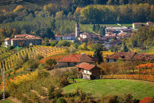 View from above of the small town among hills in Italy.