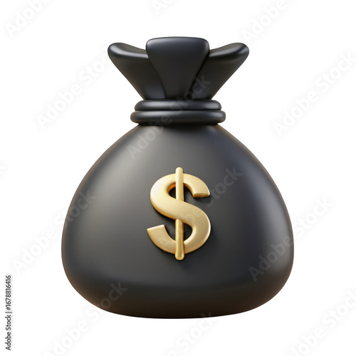 Realistic 3d rendering of a black money bag with a golden dollar sign isolated on transparent background