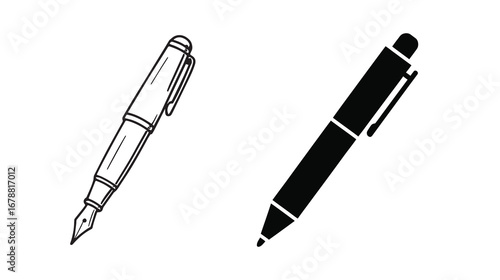 Set of pen illustrations isolated on white background, featuring both classic fountain pen and modern ballpoint pen styles for writing, drawing, and design projects
