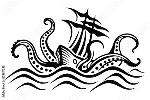 Distressed Ship Attacked by Octopus in Sea Waves on White Background Design