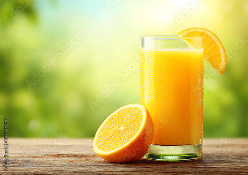 Fresh squeezed orange juice in a glass with orange slice garnish, and half an orange on a wooden table with a green bokeh background.