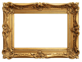 An ornate rectangular gold frame with baroque floral corners and inner bevel, isolated on transparent background.
