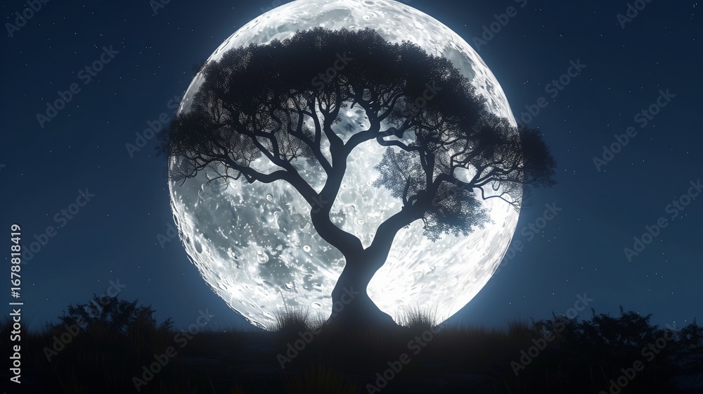 Naklejka premium A silhouette of a lone tree against the backdrop of a full moon, creating a dramatic nighttime scene.