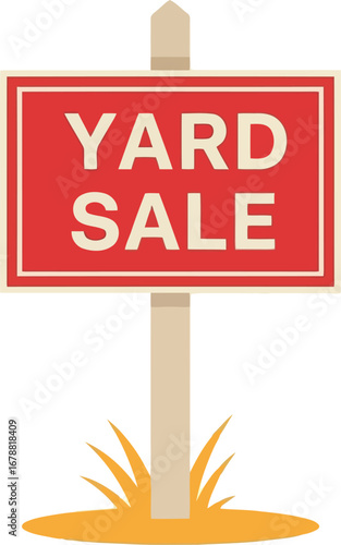 Bright red yard sale sign with bold text announcing community flea market event advertising vector