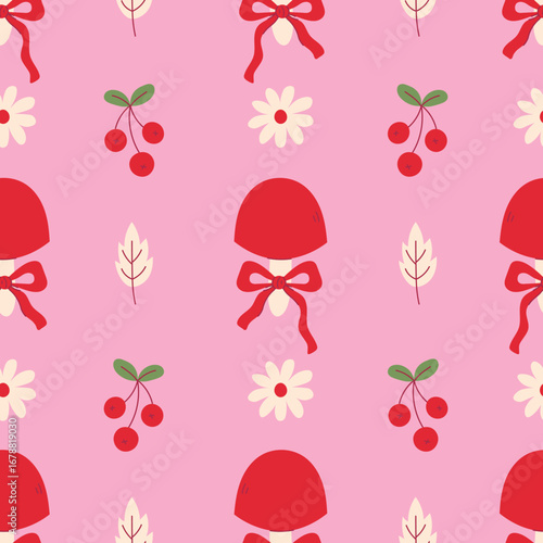 Coquette Nature Elements and Bows Seamless Pattern. Playful Pink Hand drawn background with romantic Ribbons Mushrooms Leaves and Berries. Flat style repeat vector illustration