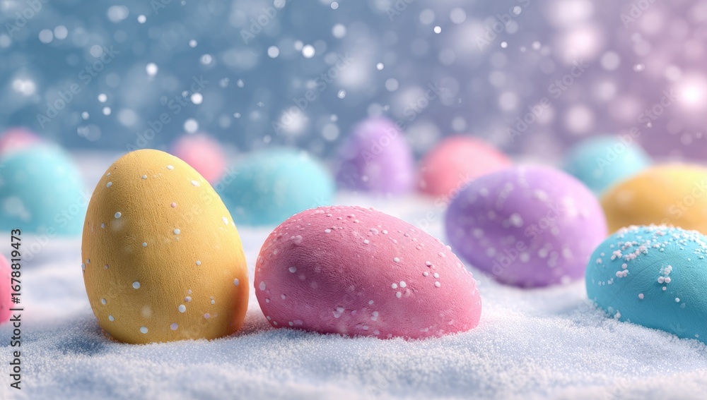 Obraz premium Pastel-colored Easter eggs in snow, soft light, bokeh