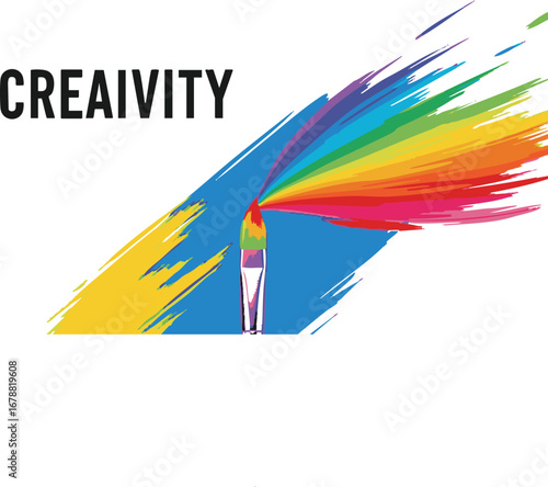 A vibrant painting featuring a paintbrush with rainbow colors and the word creaivity above