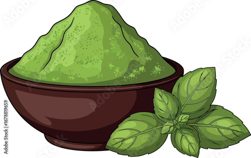 Vibrant green pesto in rustic bowl with fresh basil leaves delicious italian herb sauce vector