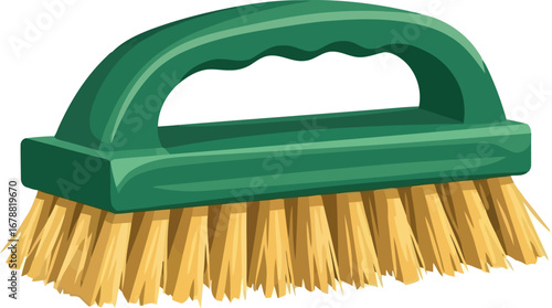Green handle scrub brush bristle cleaning tool for household chores and deep cleaning surfaces vector