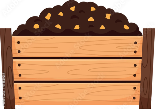 Wooden compost bin filled with rich organic soil and decomposing garden waste vector