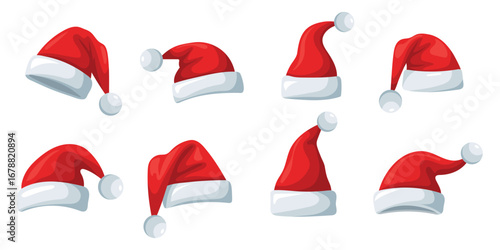 Christmas hat. Christmas hat set. Christmas decoration. Santa hat. Vector Illustration.
