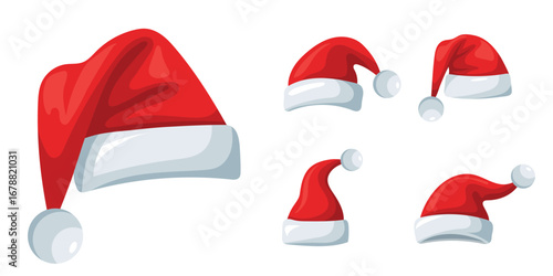 Christmas hat. Christmas hat set. Christmas decoration. Santa hat. Vector Illustration.