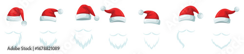 Set of Santa Claus hats. Red Santa hats with beard and mustache. Vector