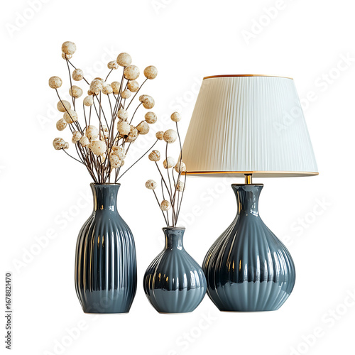 Elegant home decor with table lamps and vases png