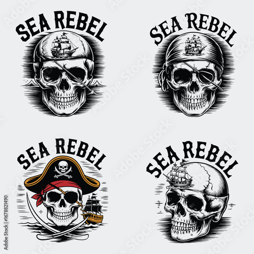 Pirate skulls sailing ships and swords vector