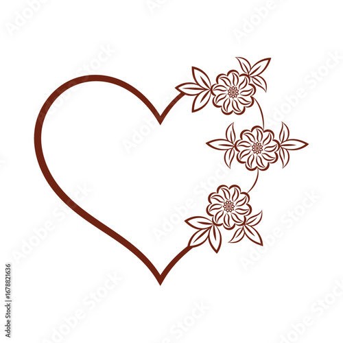 Heart Frame with Floral Decoration Romantic Line Art Design