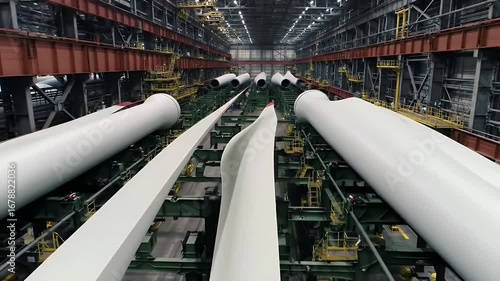 Inside View of Wind Turbine Blade Manufacturing Facility Conveyor Belts Holding Large White and Red Blades Ready for Assembly and Distribution Under Bright Industrial Lighting Emphasizing Clean