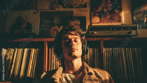 Young man listening music wearing headphones with vinyl disks and record player on sofa at home - Retro, vintage and lifestyle concept - Model by AI generative