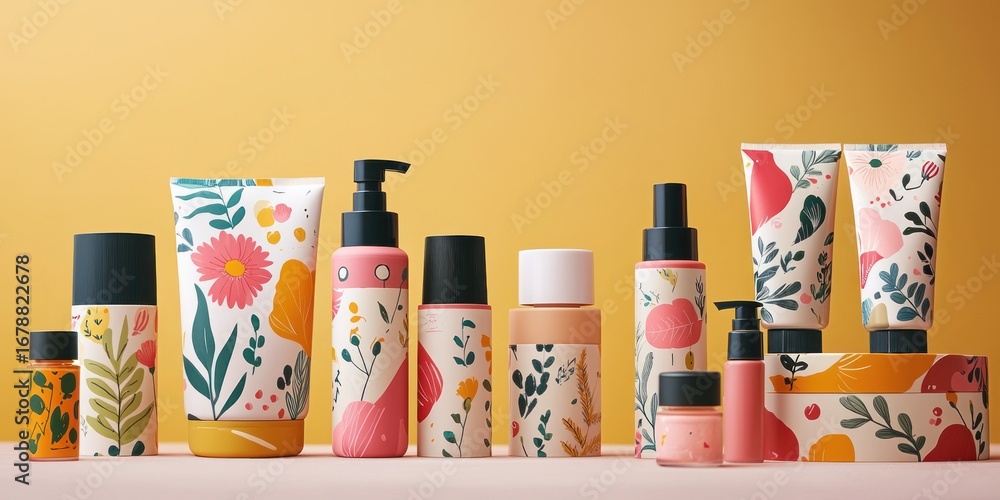 Fototapeta premium A collection of cosmetic tubes and bottles arranged on a flat surface. The packaging features a whimsical floral pattern with pink, orange, and green flowers and leaves.