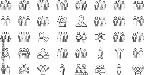 Collection of People Icons Demonstrating Diverse Team Structures and Relationships in Various Group Settings for Design