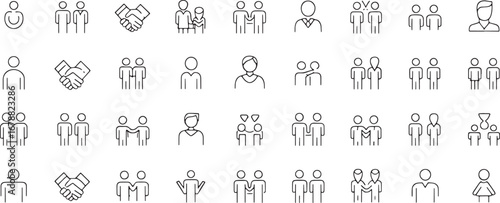 Collection of Linear Icons Depicting People, Handshakes, and Group Interactions for Business, Teamwork, and Social Concepts