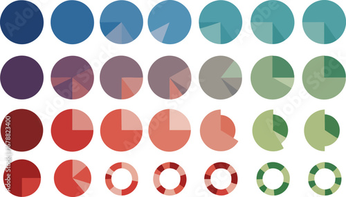 Colorful pie charts arranged in rows, illustrating various data distributions.