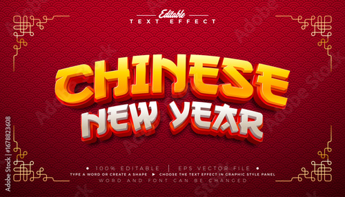 Chinese New Year 3D Text Effect Design Editable Vector Graphic Style with Shadow and Red Typography Lettering on Traditional Pattern Background. Premium Scalable Business Illustration Mockup Template 