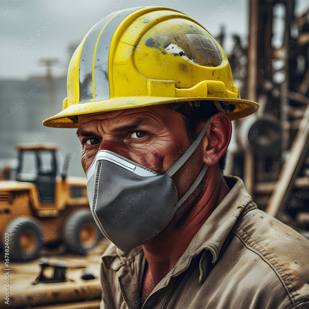 Fototapeta premium A realistic industrial photo of a construction worker in a yellow hard hat.