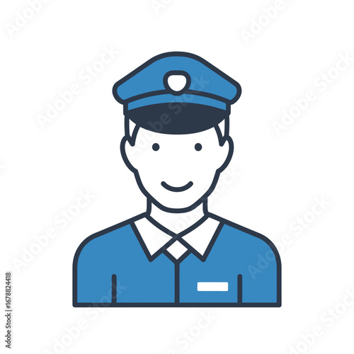Smiling man in a blue uniform and cap, representing a service professional or officer in a simple illustration.