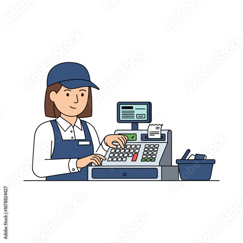 A friendly female cashier wearing a cap and apron operates a modern cash register in a retail setting, processing transactions.